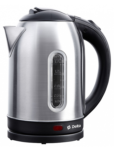 Чайник электрический Delta DL-1104, 1,7 л, 2000 Вт, нерж. сталь, черный, со съемным фильтром, с ионами серебра, с окном