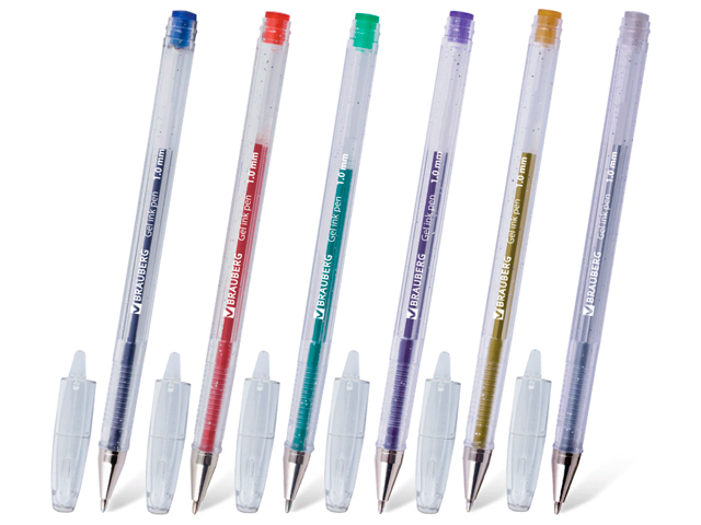 Ручки гелевые BRAUBERG "Jet", набор 6 штук, чернила с блестками, узел 1 мм, линия 0,8 мм, ассорти, 141030