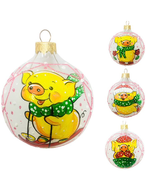 Елочная игрушка Шар "Довольные свинки", 8см., стекло, в подар. упак.