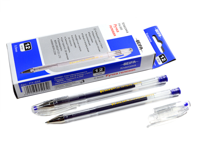 Ручка гелевая BIEFA "Классика" 0,5 мм, корпус прозрачный, синяя