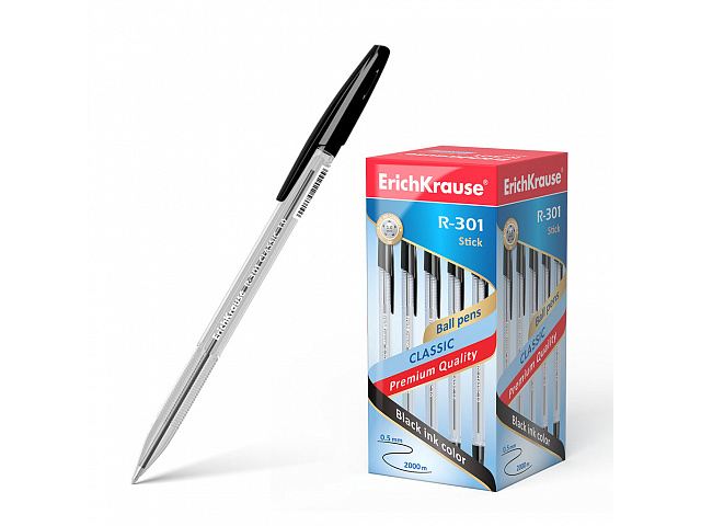 Ручка шариковая Erich Krause "R-301 Classic. Stick" 1,0 мм, корпус прозрачный, черная