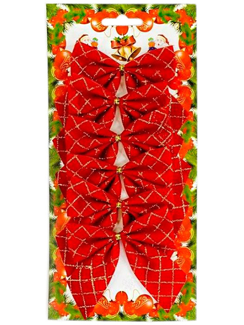 Новогоднее украшение "Бант" красный в клетку 8 см, 6 штук в наборе