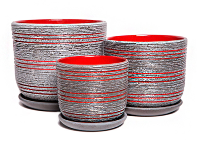 Горшок для цветов "Лофт серо-красный" комплект из 3-х предметов, керамика