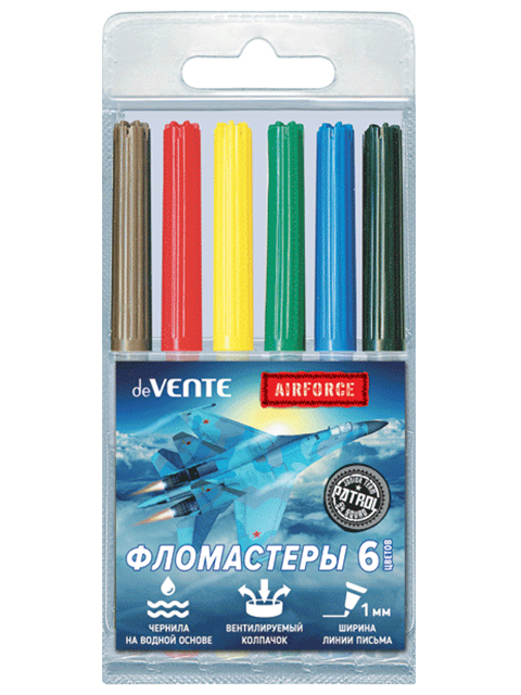Фломастеры deVENTE "Airforce" 6 цветов, смываемые, вентилируемый колпачок, в ПВХ упаковке