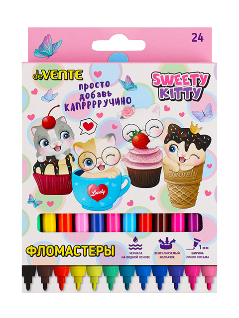 Фломастеры deVENTE "Sweet Cats" 24 цвета, вентил. колп , в карт. упак.