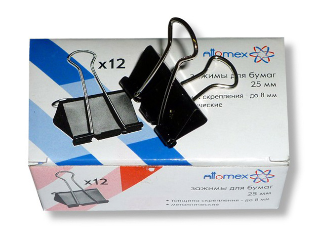 Зажим для бумаг Attomex 25 мм черный, 12 штук в упаковке