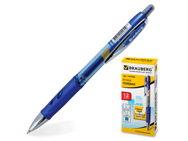 Ручка гелевая автоматическая BRAUBERG "Officer", корпус тонированный синий, узел 0,5 мм, синяя, 141056