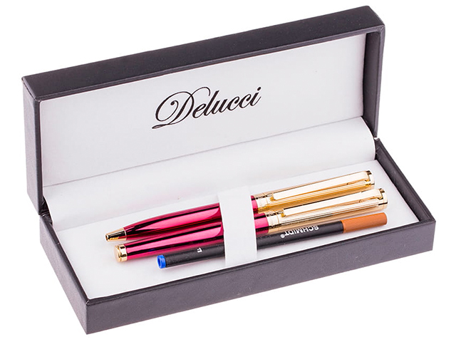 Набор "Delucci" (ручка шар. + ручка-роллер) корп. вишневый, синие, в подар. упак.