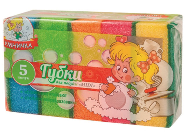 Губка для посуды "МультиПласт. Умничка MIDI", 85х55х25, 5шт. (1/60)