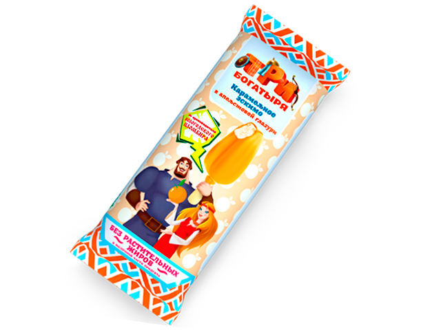 Мороженое от Три Богатыря, эскимо, сливочно-карамельное в апельсиновой глазури, 45*30, БЗМЖ