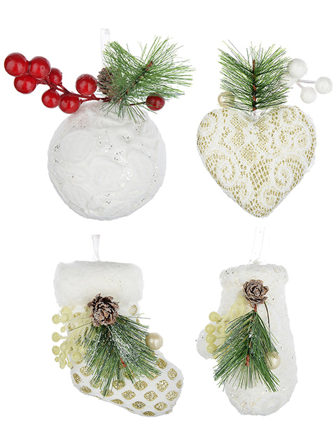 Новогоднее украшение "Белое с белыми ягодами", 9-12 см, текстиль, пластик, в ассортименте 5 дизайнов