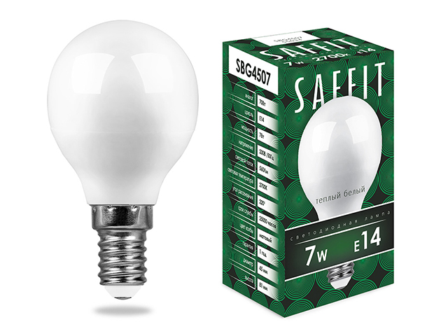 Лампа светодиодная "Saffit" LED 7Вт, Е14, 2700К, теплый белый