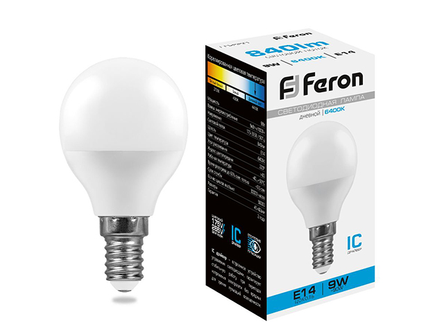 Лампа светодиодная "Feron" E14 9Вт 6400К, матовый шар, дневной