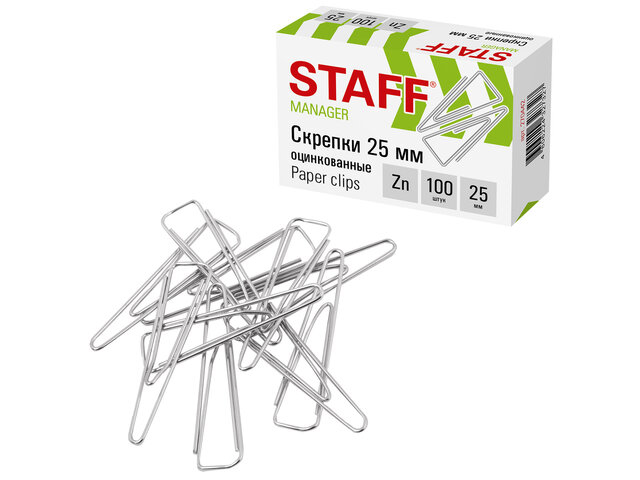 Скрепки STAFF, 25 мм, оцинкованные, треугольные, 100 шт., в картонной коробке