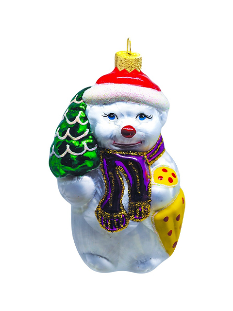 Елочное украшение фигурка "Снеговик с ёлкой" 15см, стекло, в подарочной упаковке