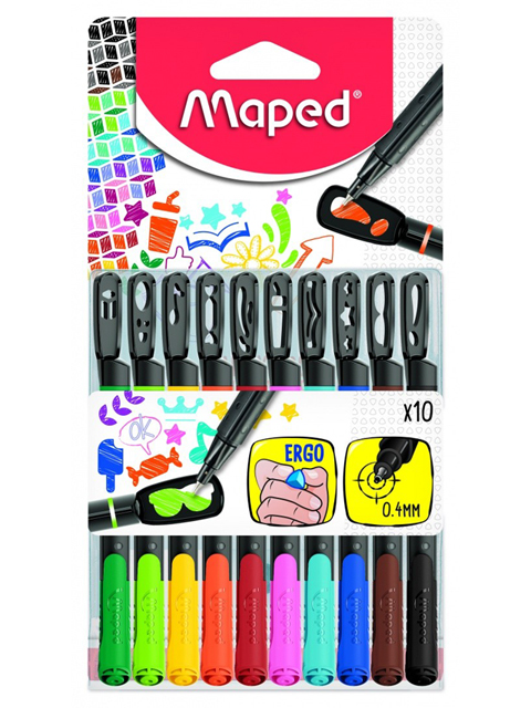 Набор ручек капиллярных Maped "Graqph Pep`s Mania " 0,4 мм, 10 цветов, с трафаретами