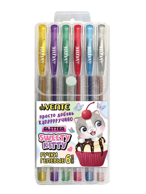 Набор гелевых ручек deVENTE "Sweet Cats" 6 цветов с блестками, 1  мм, прозрачный корпус с металлическим наконечником, блистере