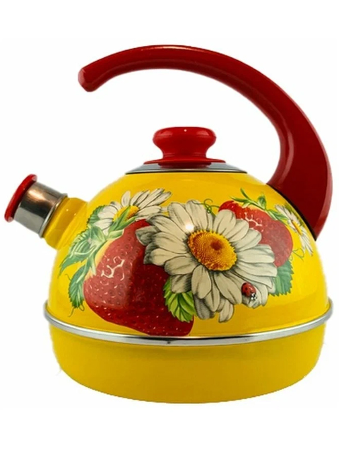 Чайник 3,5л конс. ручка желтый / клубника с ромашкой (декор - нерж. сталь сталь на красном)