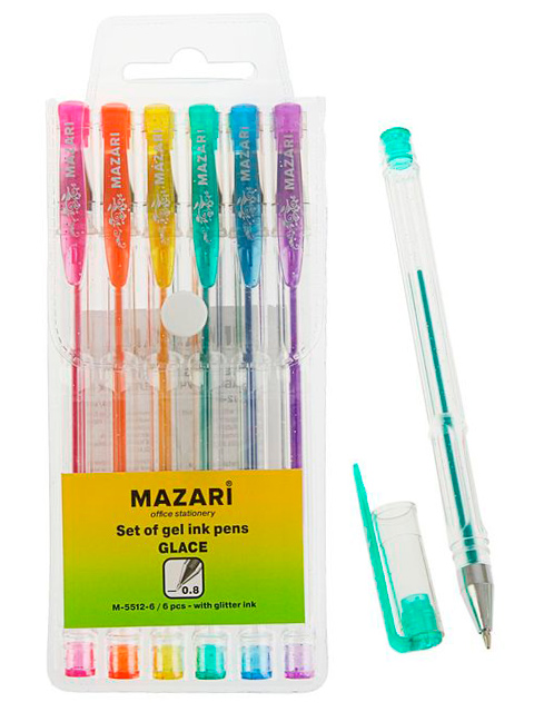 Набор гелевых ручек Mazari "Glace" 6 цветов, 0.8 мм, с блестками