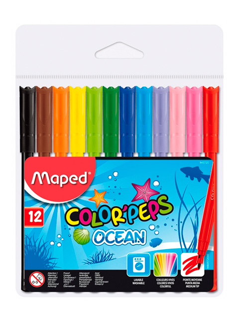 Фломастеры Maped "Color' Peps Ocean" 12 цветов, смываемые, ПВХ упак.