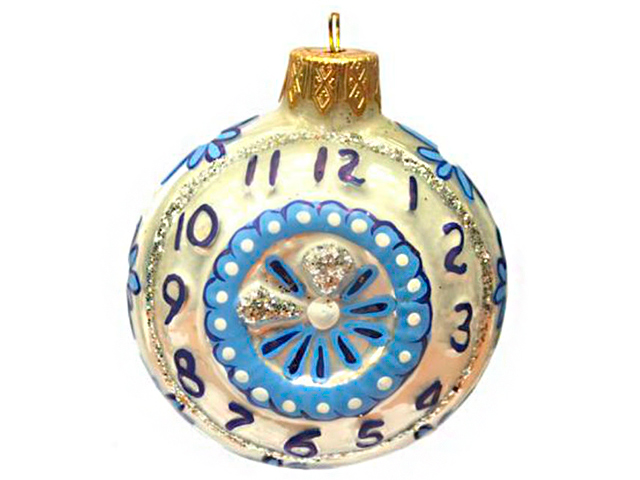 Елочное украшение фигурка "Часы круглые Гжель", 7см стекло, в подарочной упаковке
