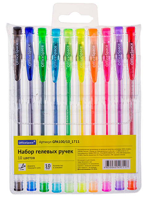 Набор гелевых ручек OfficeSpace, 10 цветов, 1 мм,  европодвес