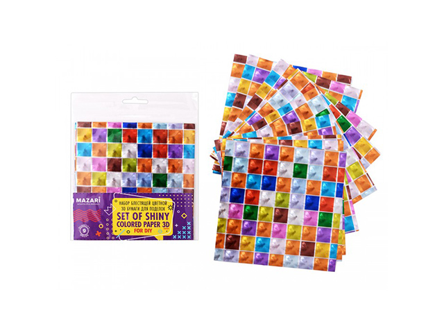 Набор блестящей цветной 3D бумаги для поделок MAZARI, 15х15 см, 9 листов в упак.
