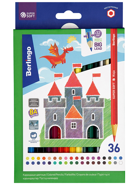 Карандаши цветные Berlingo "Super Soft. Замки" 36 цветов, заточенные, карт. упак., европодвес