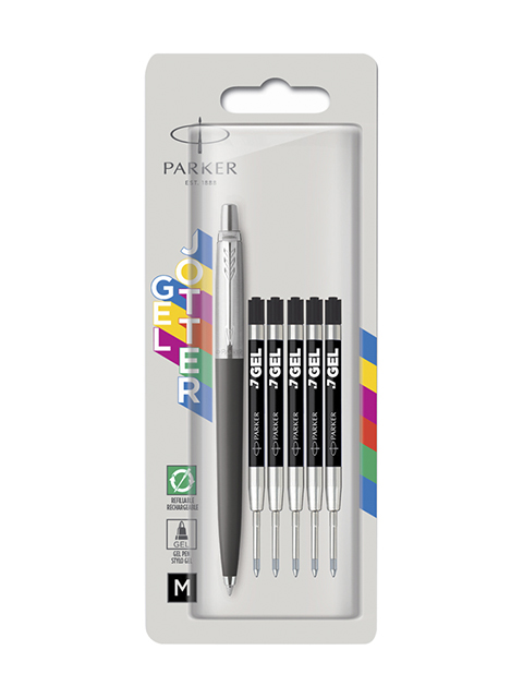 Ручка гелевая PARKER "Jotter Orig Black" 0,7мм, черная + 5 черных гелевых стержней