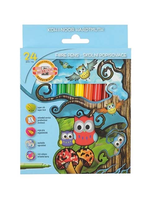 Фломастеры KOH-I-NOOR "Owls" 24 цвета, трехгранные, смываемые, картон, европодвес