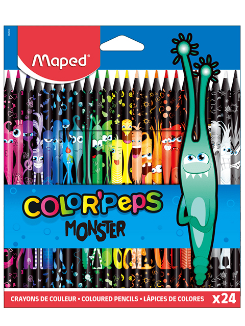Карандаши цветные Maped "Color'Peps Black Monster" 24 цвета, пластиковые, декорированные, карт. упак., европодвес
